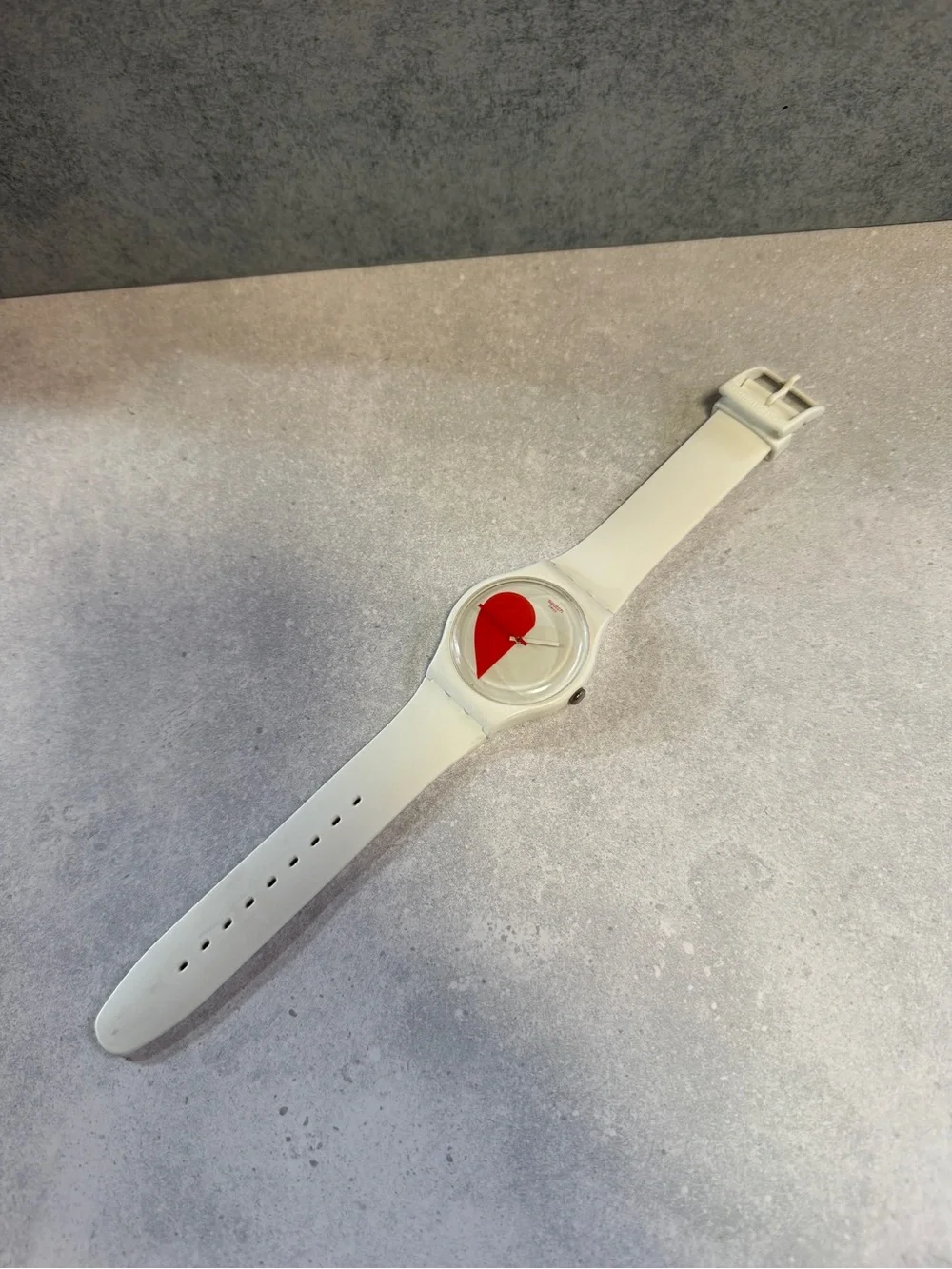Swatch White Silicone Watch with Red Heart Accent